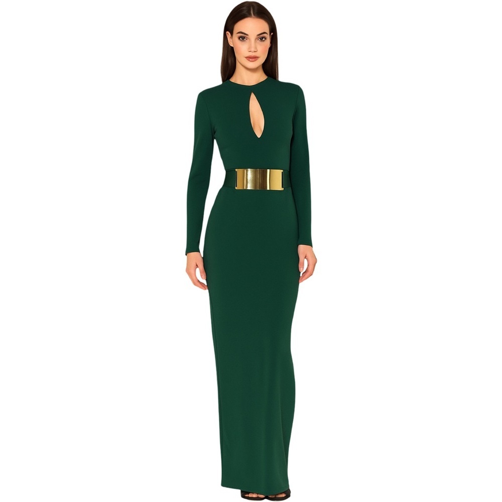NWT H&M Dark Green Long Sleeve Dress with Gold Belt Size 4